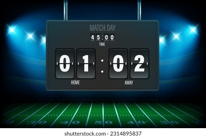 Illuminated football stadium with scoreboard. 3d vector illustration