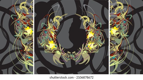 Illuminated frame on a dark background for creative compositions. Triptych - interwoven lines in the form of plants for backgrounds and textures, wallpaper, posters, fabric products, textiles, etc.