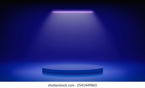 Iluminado palco azul futurista com pódio. Quarto azul com pedestal de pódio redondo iluminado por lâmpada de néon led. Plano de fundo para exibir produtos, apresentação. Plano de fundo. Ilustração vetorial.