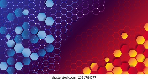 Illuminated futuristic hexagon pattern on red and blue backgrounds.