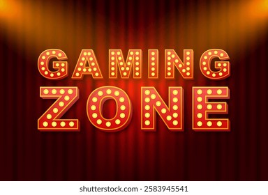 Illuminated gaming zone sign on red curtain background