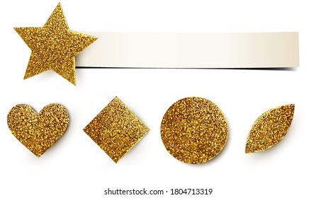 Illuminated glitter gold label set with bend paper banner. Glitter star, heart, square, disk, leave