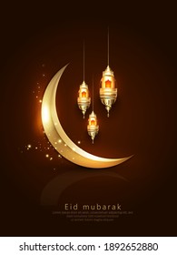 Illuminated glossy golden lanterns with moon on decorated background. Muslim community festival Eid Mubarak celebrations.