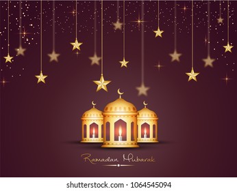 Illuminated golden lanterns on stars decorated hanging background. Ramadan Mubarak celebration background.