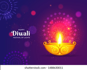 Illuminated golden oil lamp with glittering effect on purple floral pattern background for Festival of Lights, Happy Diwali celebration. Can be used as greeting card design.