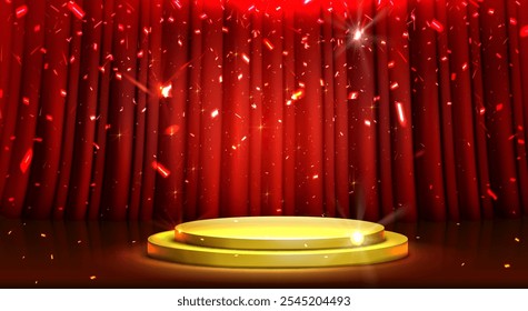 Illuminated golden podium stands before red velvet drapes. Circular stage glows with spotlight beneath scattering sparkles. Theater setting with maroon curtain backdrop and shimmering light effects.