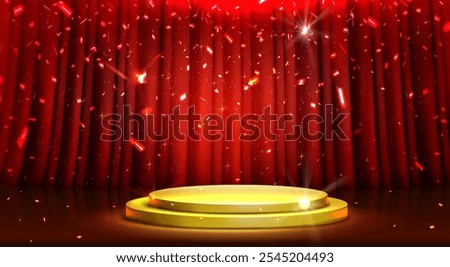 Illuminated golden podium stands before red velvet drapes. Circular stage glows with spotlight beneath scattering sparkles. Theater setting with maroon curtain backdrop and shimmering light effects.