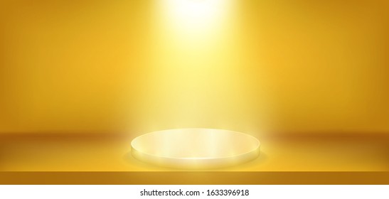 Illuminated golden scene with podium. Presentation realistic decorations. Studio empty space. Showroom concept. Vector illustration