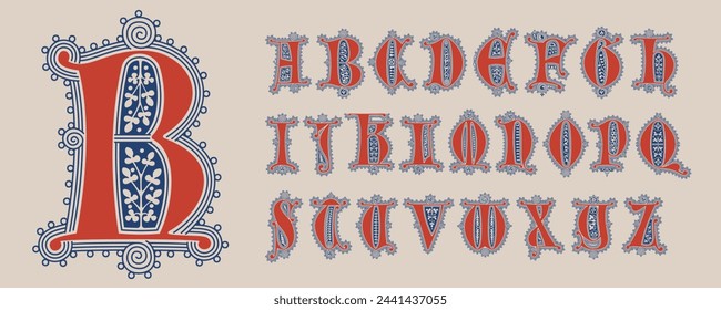 Alfabeto de monograma gótico iluminado con adorno de flores naturalistas. Gorra alemana. Logotipo decorativo de la edad oscura. Fuente de iniciales latinas clásicas medievales rojas y azules basadas en manuscrito del siglo XIV.