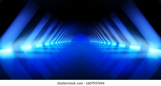 Salón iluminado. Corredor oscuro con lámparas de neón iluminadas. Los efectos de iluminación, muestran. Fondo azul. Ilustración vectorial.