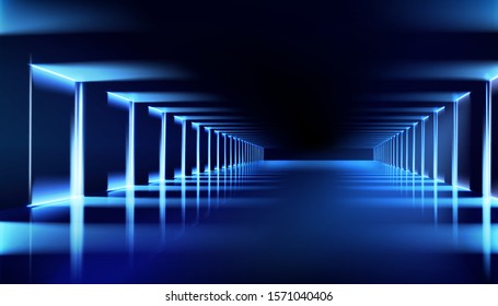 Illuminated hall. Dark room with brightly lit neon lamps. Lighting effects, show. Blue background. Vector illustration.