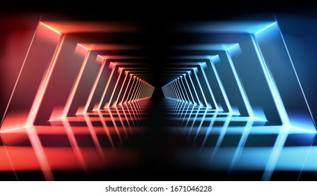 Illuminated hall. Dark room with brightly lit neon lamps. Lighting effects, show. Blue and red background. Vector illustration.