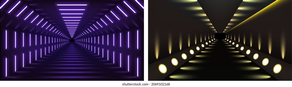 Illuminated hall tunnels background. Dark room corridors with brightly lit neon lamps. Lighting effects, show. Blue and yellow background. Vector illustration