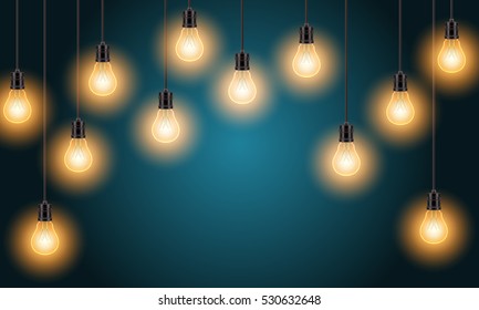 Borde vectorial de las bombillas eléctricas colgantes iluminadas. Eps10 con transparencia, el color de la pared puede cambiarse fácilmente.