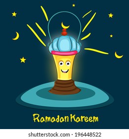 Linterna alegre iluminada con fondo azul Hermoso diseño de tarjetas de felicitación con brillante luz decorativa colgando sobre fondo marrón para las celebraciones del Ramadán Mubarak. 	