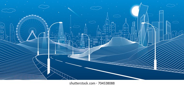 Illuminated highway in mountains. Infrastructure illustration. Modern city at background, tower and skyscrapers, business buildings, ferris wheel. Night scene. White lines. Vector design art
