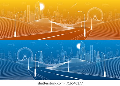 Illuminated highway in mountains. Infrastructure illustration. Modern city at background, tower and skyscrapers, business buildings, ferris wheel. Day and night scene. White lines. Vector design art
