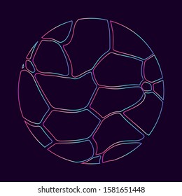 Illuminated holographic circle with bubbled texture made by generative algorithm. Retrofuturistic illustration for poster or music cover in 80s-90s vaporwave, synthwave, retrowave style.