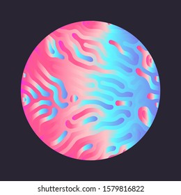 Illuminated holographic circle with glitched texture made by generative algorithm. Retrofuturistic illustration in 80s-90s vaporwave, synthwave, retrowave style.