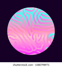 Illuminated holographic circle with glitched texture made by generative algorithm. Retrofuturistic illustration in 80s-90s Vaporwave, synthwave, retrowave style.