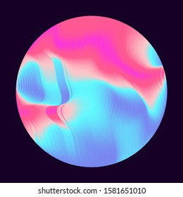 Illuminated holographic circle with glitched texture made by generative algorithm. Retrofuturistic illustration in 80s-90s Vaporwave, synthwave, retrowave style.