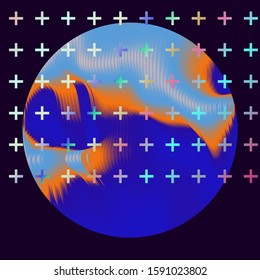 Illuminated holographic circle with glitched texture made by generative algorithm. Retrofuturistic illustration in 80s-90s Vaporwave, synthwave, retrowave style.