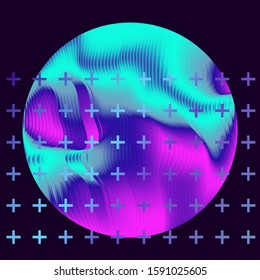 Illuminated holographic circle with glitched texture made by generative algorithm. Retrofuturistic illustration in 80s-90s Vaporwave, synthwave, retrowave style.