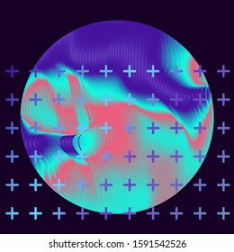 Illuminated holographic circle with glitched texture made by generative algorithm. Retrofuturistic illustration in 80s-90s Vaporwave, synthwave, retrowave style.