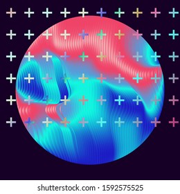 Illuminated holographic circle with glitched texture made by generative algorithm. Retrofuturistic illustration in 80s-90s Vaporwave, synthwave, retrowave style.