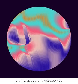 Illuminated holographic circle with glitched texture made by generative algorithm. Retrofuturistic illustration in 80s-90s Vaporwave, synthwave, retrowave style.