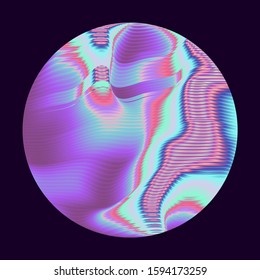 Illuminated holographic circle with glitched texture made by generative algorithm. Retrofuturistic illustration in 80s-90s Vaporwave, synthwave, retrowave style.