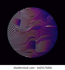 Illuminated holographic circle with glitched texture, wavy lines. Retrofuturistic illustration in 80s-90s Vaporwave, synthwave, retrowave style.