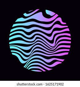 Illuminated holographic circle with glitched texture, wavy lines. Retrofuturistic illustration in 80s-90s Vaporwave, synthwave, retrowave style.