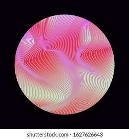 Illuminated holographic circle with glitched texture, wavy lines. Retrofuturistic illustration in 80s-90s Vaporwave, synthwave, retrowave style.