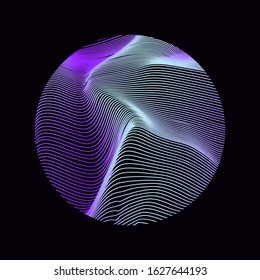 Illuminated holographic circle with glitched texture, wavy lines. Retrofuturistic illustration in 80s-90s Vaporwave, synthwave, retrowave style.