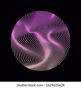 Illuminated holographic circle with glitched texture, wavy lines. Retrofuturistic illustration in 80s-90s Vaporwave, synthwave, retrowave style.