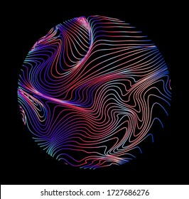 Illuminated holographic circle with glitched texture made by generative algorithm. Retrofuturistic illustration in 80s-90s synthwave and retrowave chromatic spectrum colors.