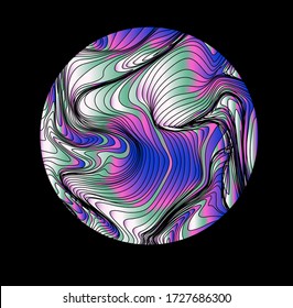 Illuminated holographic circle with glitched texture made by generative algorithm. Retrofuturistic illustration in 80s-90s synthwave and retrowave chromatic spectrum colors.