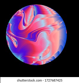 Illuminated holographic circle with glitched texture made by generative algorithm. Retrofuturistic illustration in 80s-90s synthwave and retrowave chromatic spectrum colors.