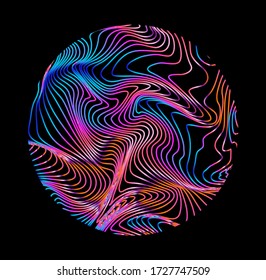 Illuminated holographic circle with glitched texture made by generative algorithm. Retrofuturistic illustration in 80s-90s synthwave and retrowave chromatic spectrum colors.