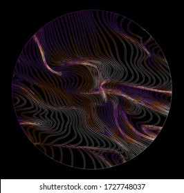 Illuminated holographic circle with glitched texture made by generative algorithm. Retrofuturistic illustration in 80s-90s synthwave and retrowave chromatic spectrum colors.