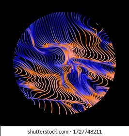 Illuminated holographic circle with glitched texture made by generative algorithm. Retrofuturistic illustration in 80s-90s synthwave and retrowave chromatic spectrum colors.