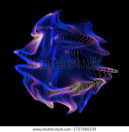 Illuminated holographic circle with glitched texture made by generative algorithm. Retrofuturistic illustration in 80s-90s synthwave and retrowave chromatic spectrum colors.