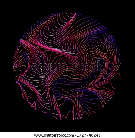 Illuminated holographic circle with glitched texture made by generative algorithm. Retrofuturistic illustration in 80s-90s synthwave and retrowave chromatic spectrum colors.