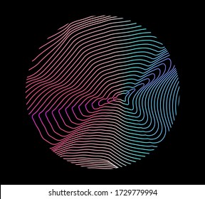 Illuminated holographic circle with glitched wavy texture. Retrofuturistic illustration in 80s-90s synthwave and retrowave chromatic spectrum colors.