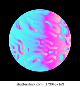 Illuminated holographic circle with glitched wavy texture. Retrofuturistic illustration in 80s-90s synthwave and retrowave chromatic spectrum colors.