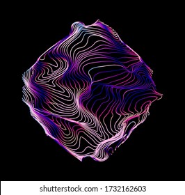 Illuminated holographic circle with glitched wavy texture. Retrofuturistic illustration in 80s-90s synthwave and retrowave chromatic spectrum colors.