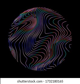 Illuminated holographic circle with glitched wavy texture. Retrofuturistic illustration in 80s-90s synthwave and retrowave chromatic spectrum colors.