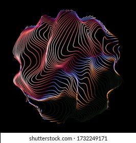 Illuminated holographic circle with glitched wavy texture. Retrofuturistic illustration in 80s-90s synthwave and retrowave chromatic spectrum colors.