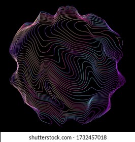 Illuminated holographic circle with glitched wavy texture. Retrofuturistic illustration in 80s-90s synthwave and retrowave chromatic spectrum colors.